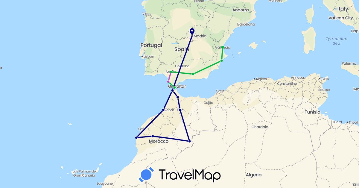 TravelMap itinerary: driving, bus, train, boat in Spain, Morocco (Africa, Europe)